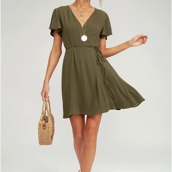 Lulus Dresses & Skirts - Lulu's Olive Green V-Neck Wrap Short Dress